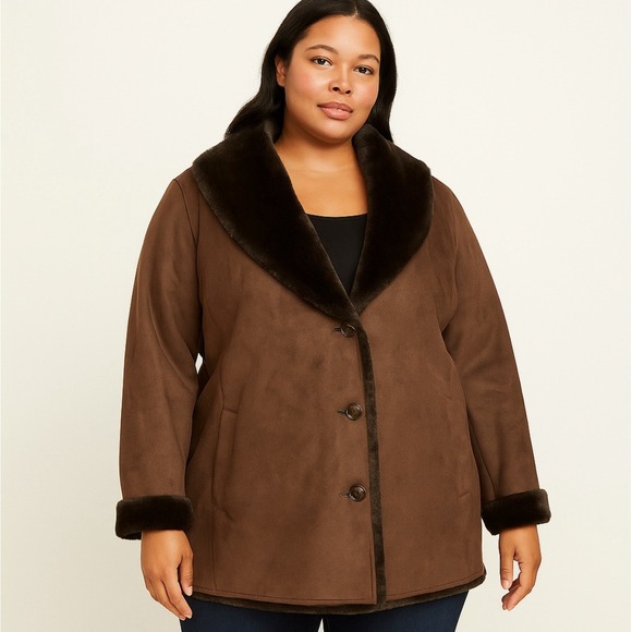 Lane Bryant Faux Suede Coat Brown Plush Faux Fur Trim Size 18/20 Plus - Picture 1 of 7
